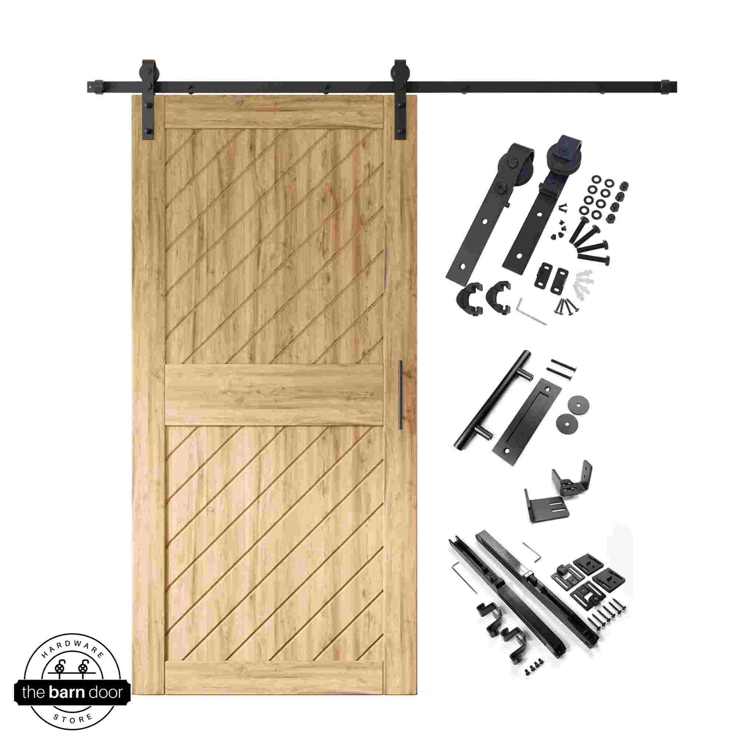 Unfinished barn door kit with slanted wooden door and hardware components on a white background