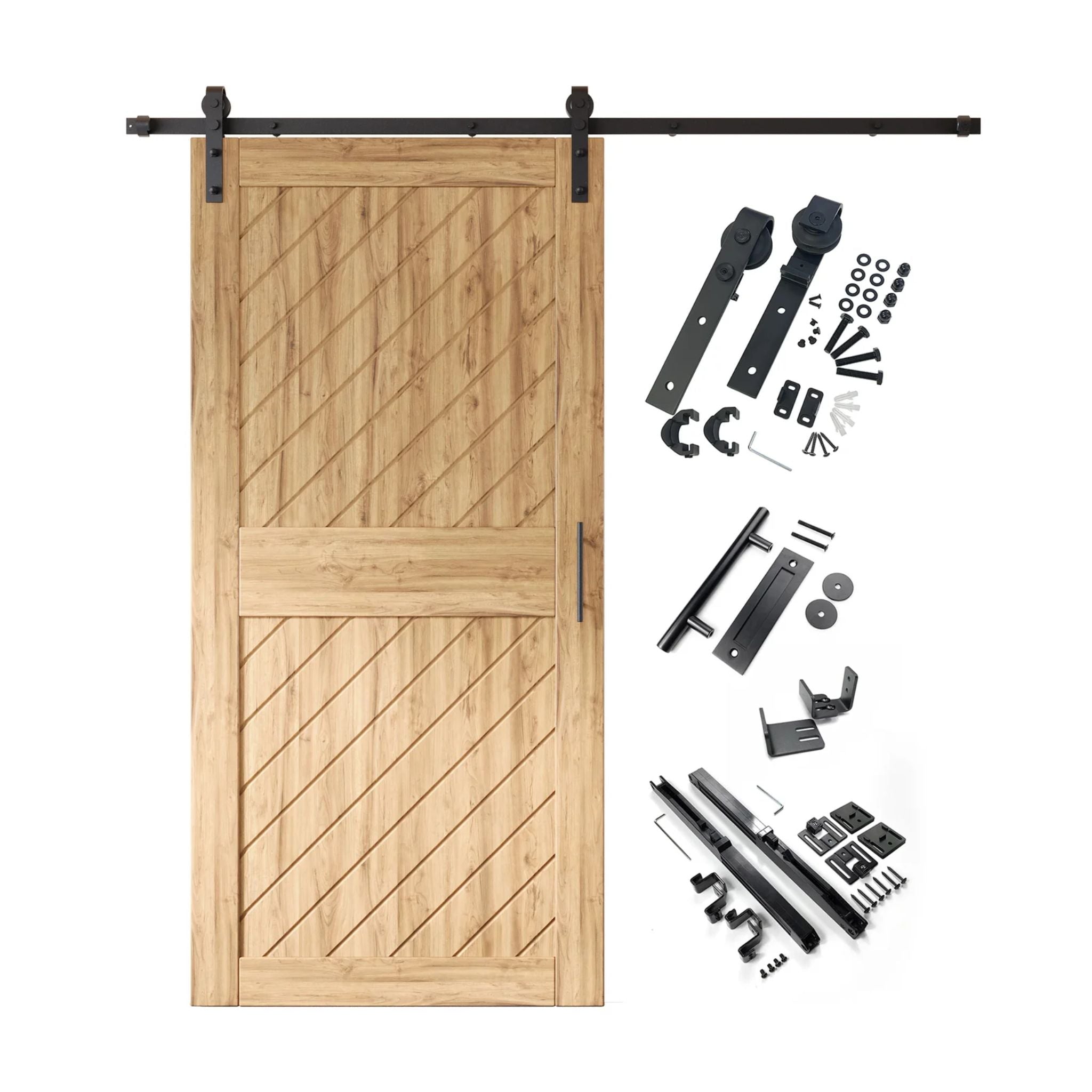 Unfinished barn door kit with slanted wooden door and hardware components on a white background