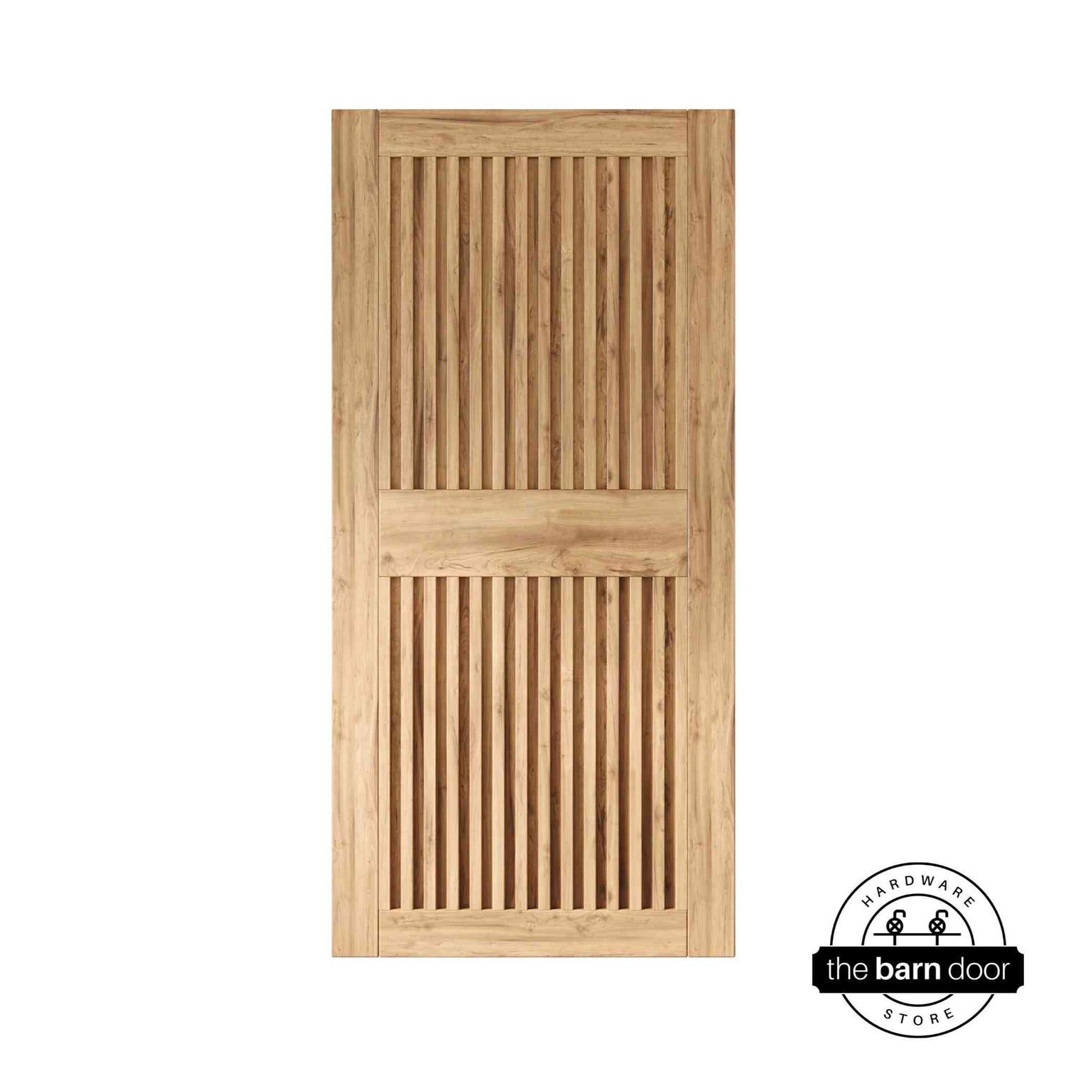 Unfinished wooden door with slatted design on a white background