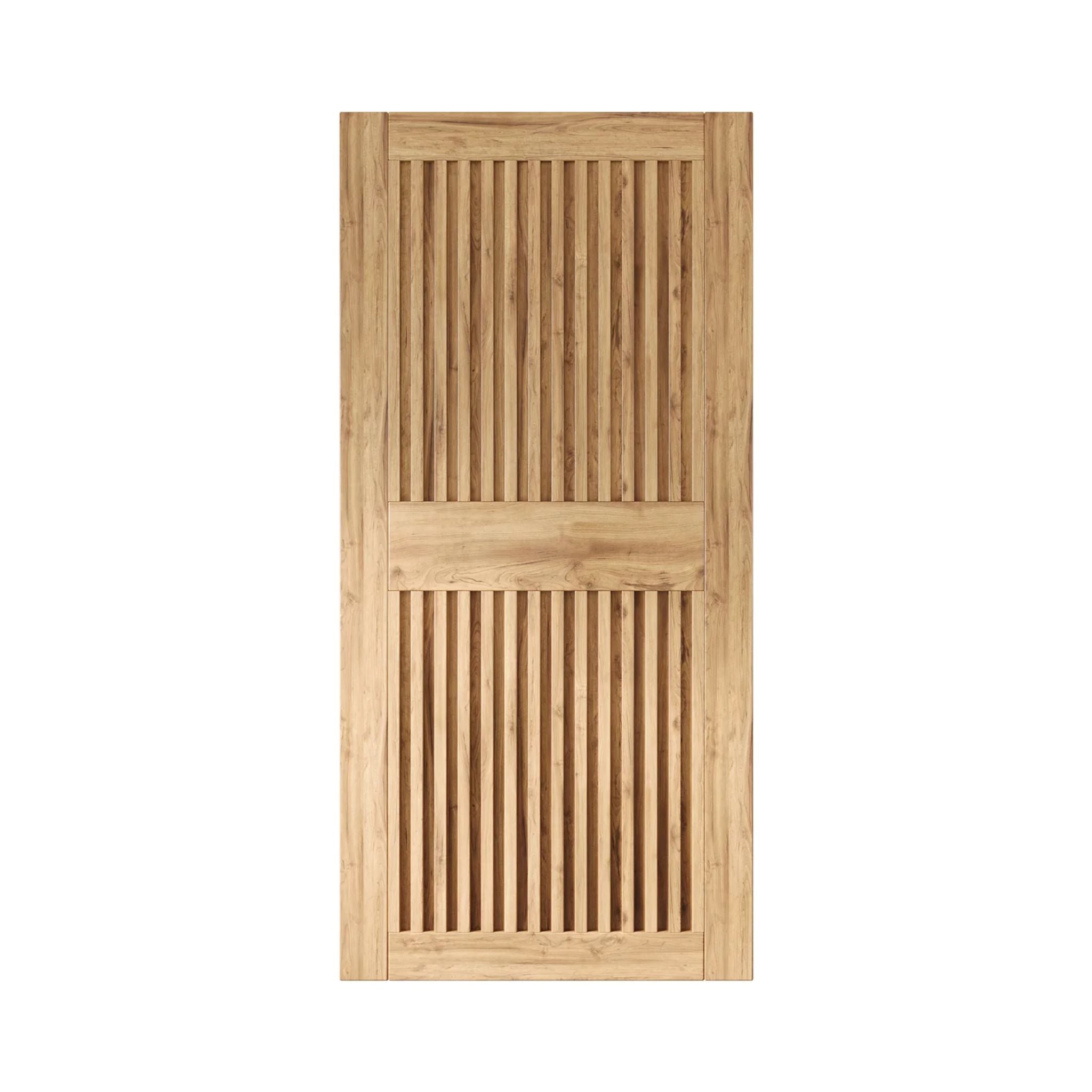 Unfinished wooden door with slatted design on a white background