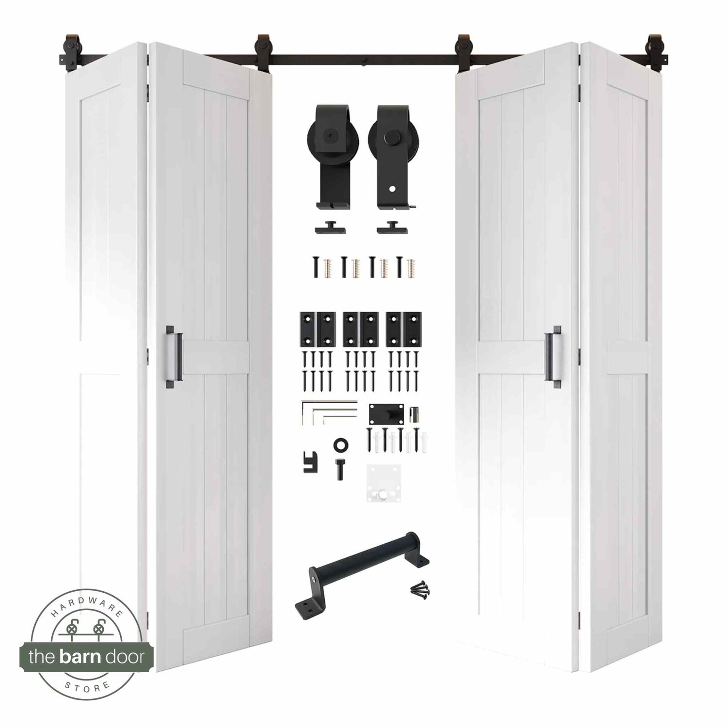 Full kit contents: Four open and partially folded white bifold door panels shown with all accompanying Matte Black top-mount hardware components.