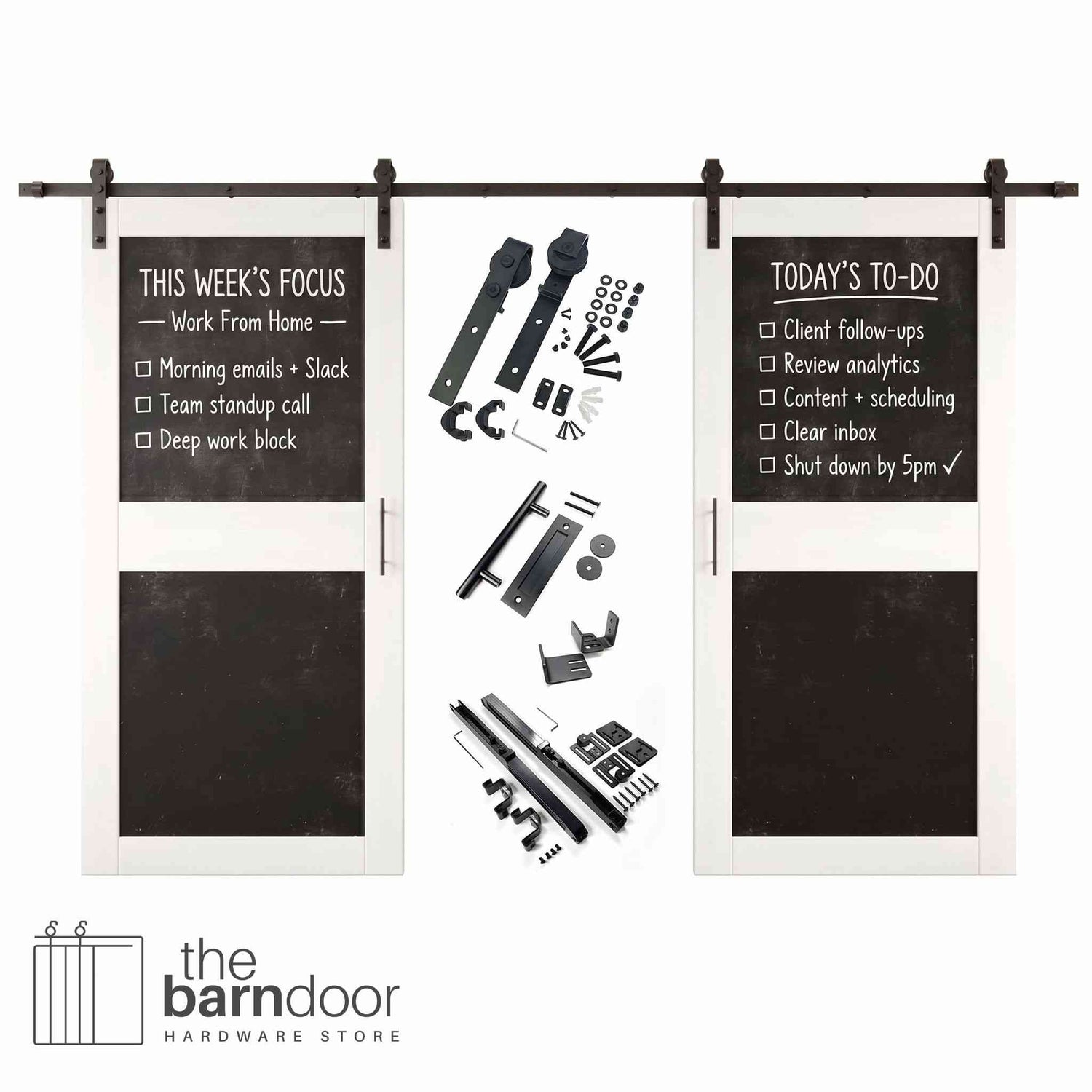 White barn door set with black chalkboard panels and hardware components on a white background
