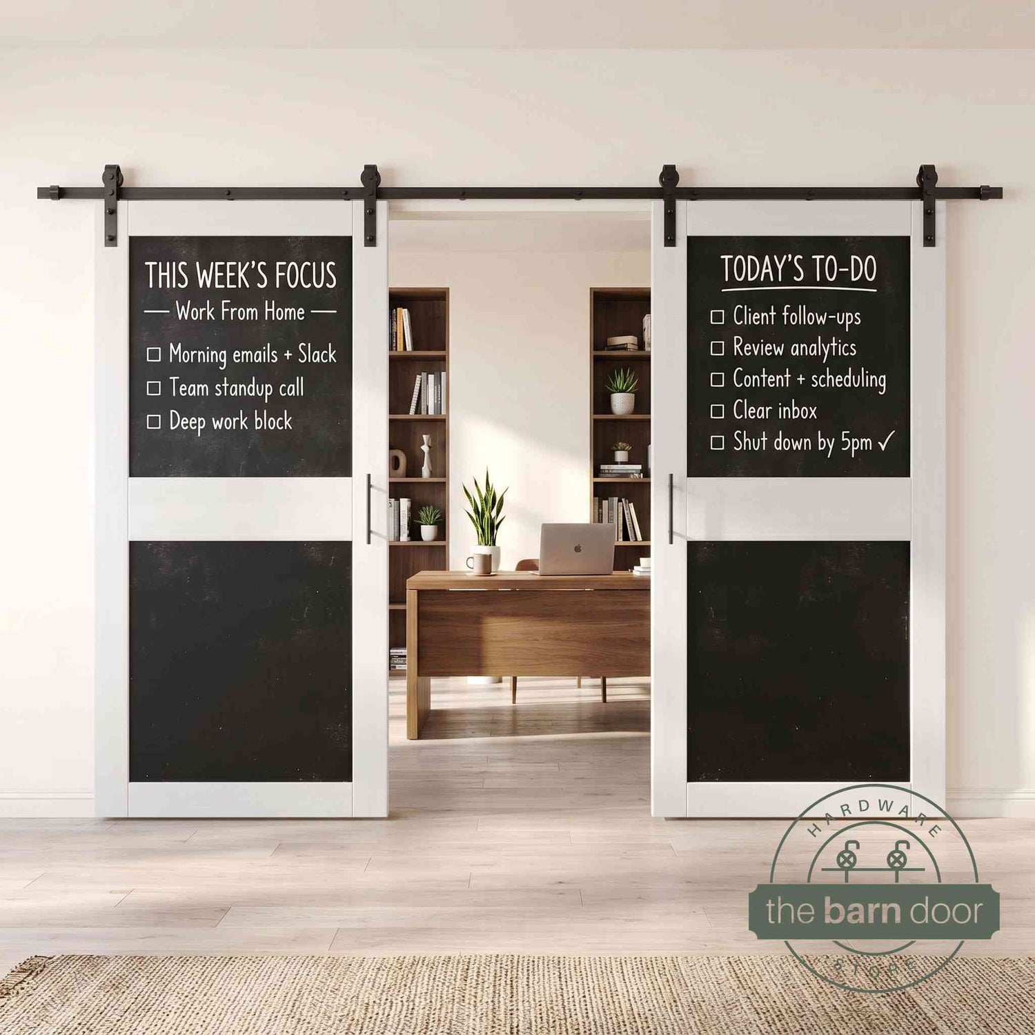 White barn doors with black chalkboard surfaces in a modern interior setting