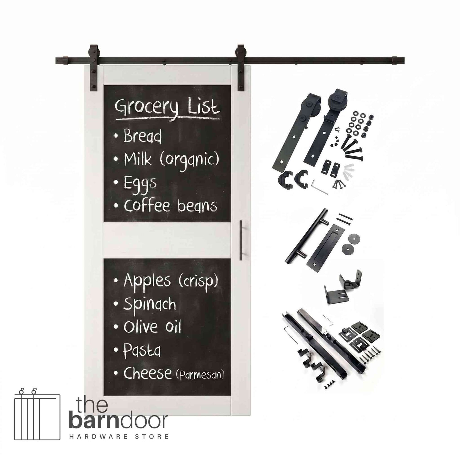 White barn door kit with black chalkboard surface and hardware components on a white background