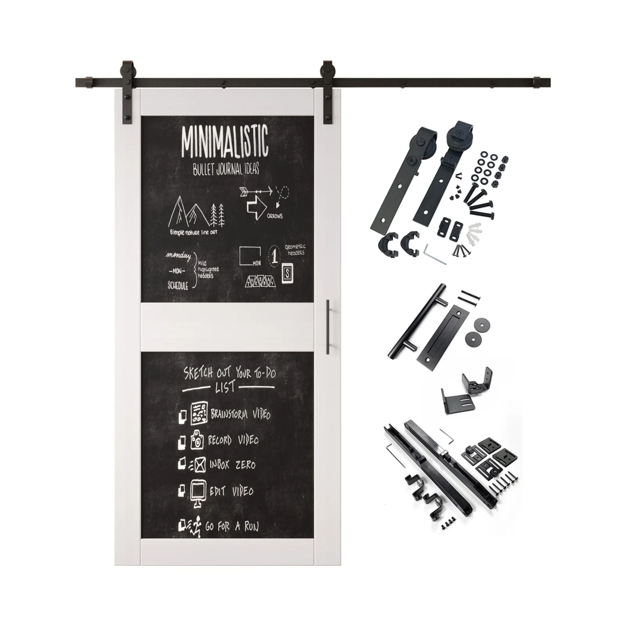 White barn door kit with black chalkboard surface and hardware components on a white background