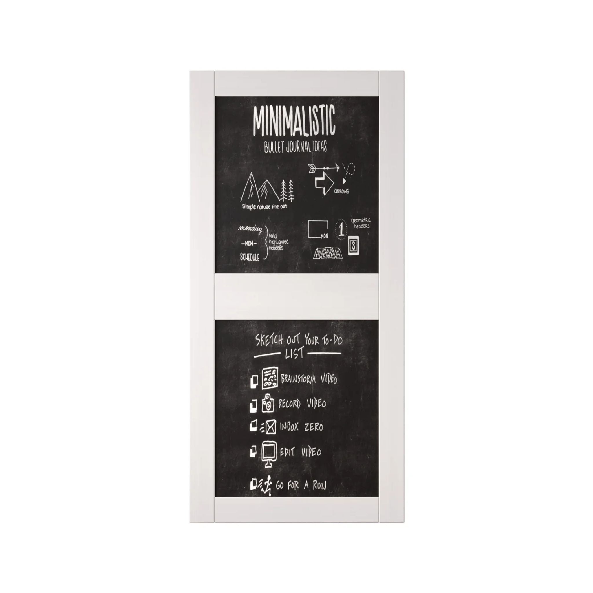 Front view of a vertical white chalkboard door with two panels.
