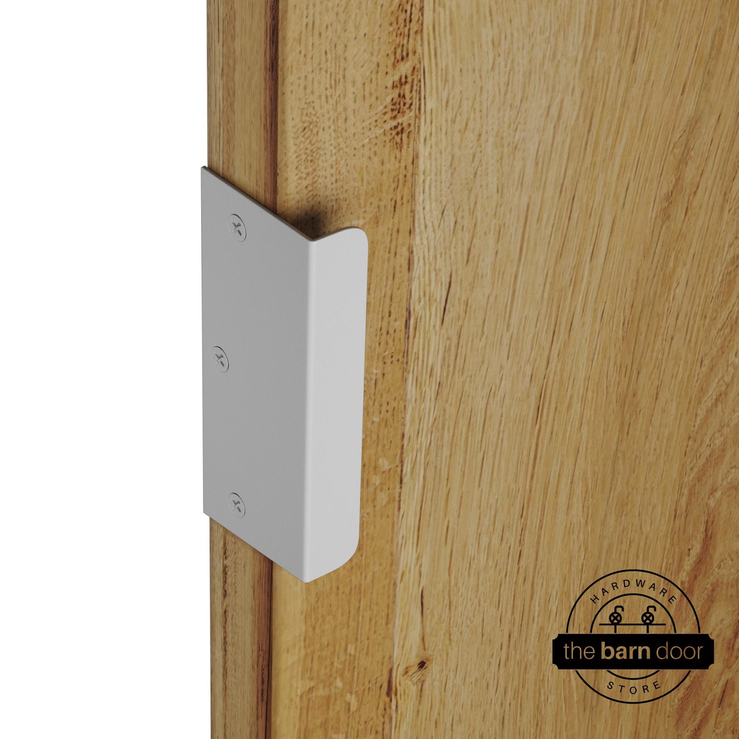 White sliding barn door edge pull handle on natural wood door edge