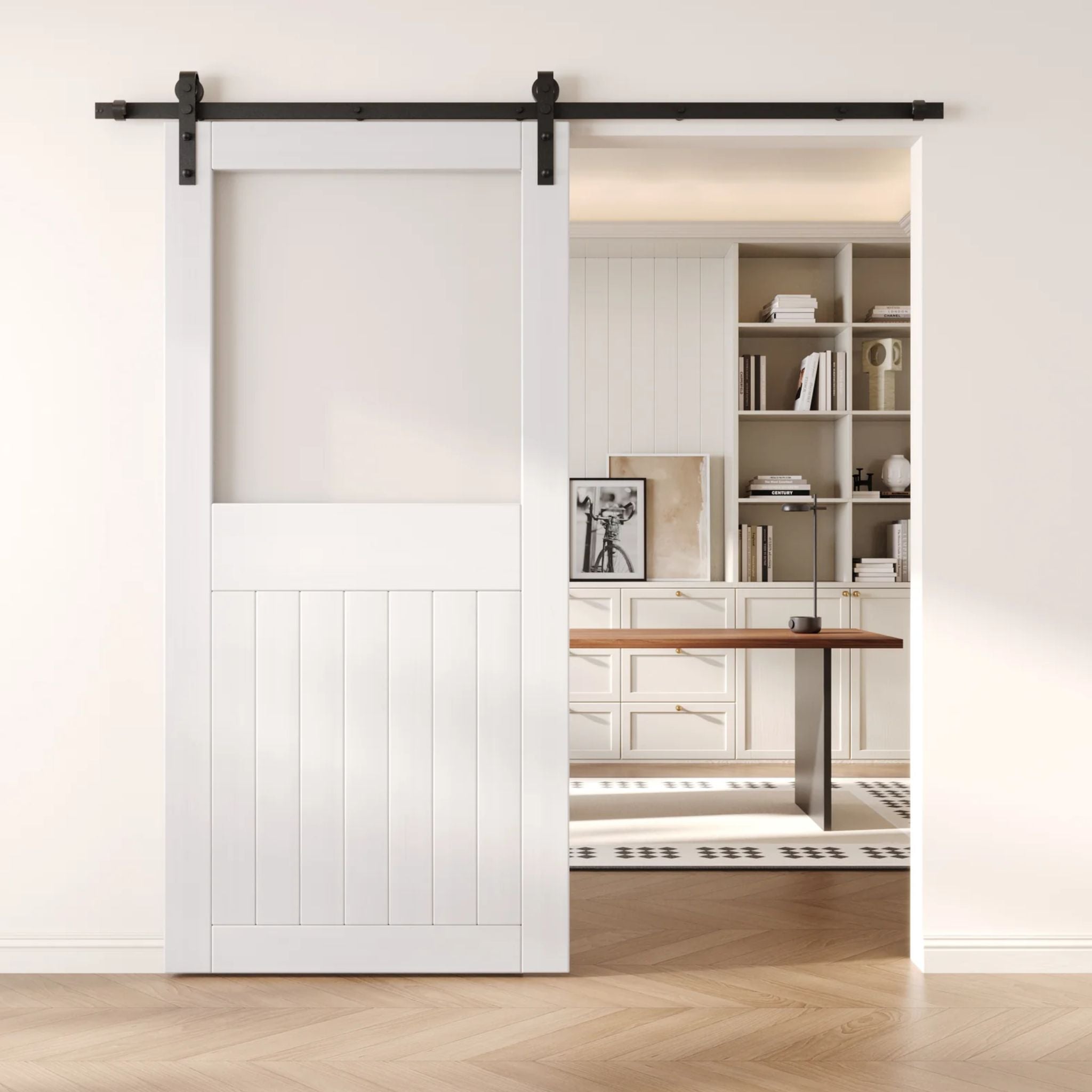 White sliding half-lite frosted glass barn door in a modern interior setting with a desk and shelves.