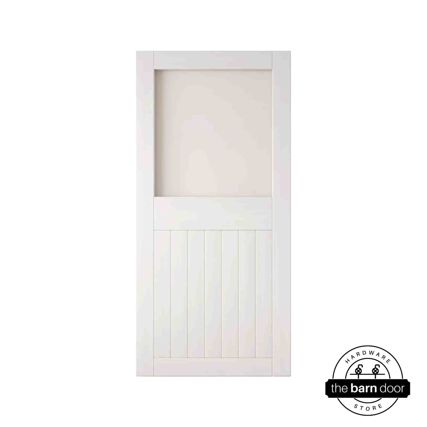 White wooden half-lite frosted glass barn door with horizontal slats on a white background