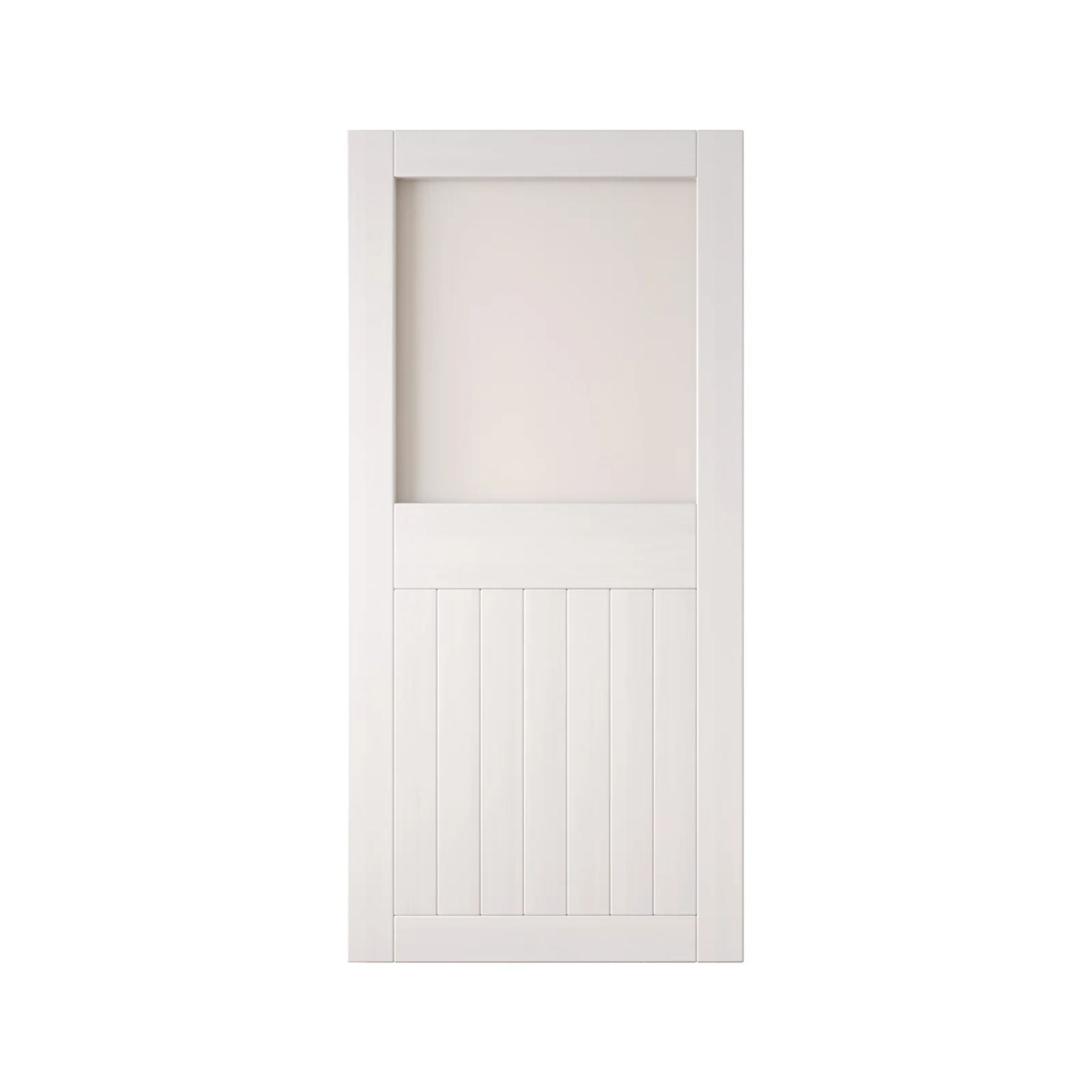 White wooden half-lite frosted glass barn door with horizontal slats on a white background