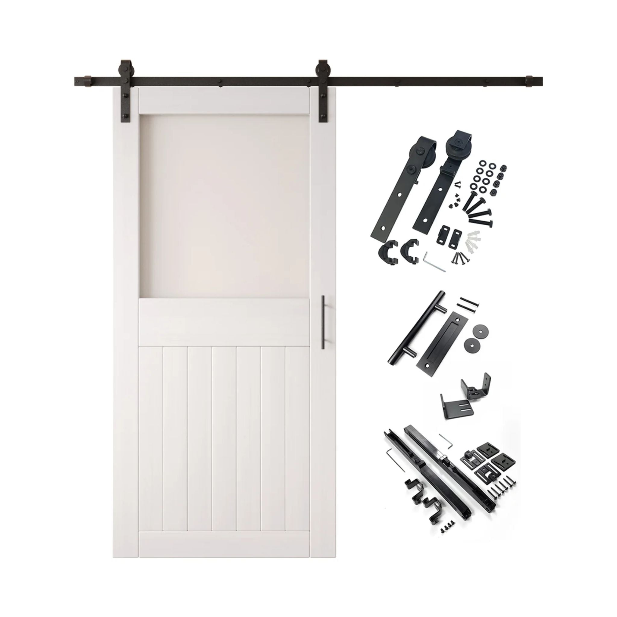 White half-lite barn door kit with wooden door, hardware, and components on a white background