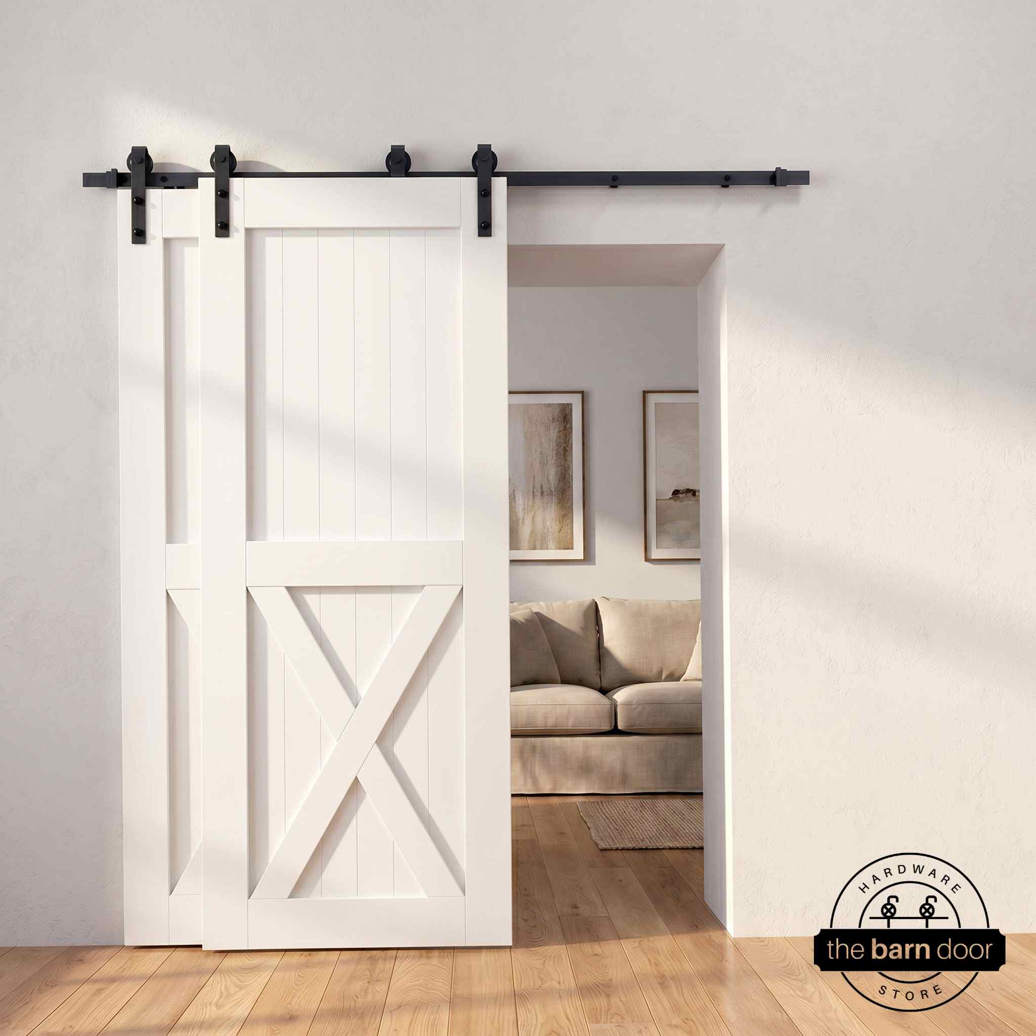 Half-X barn door in white painted finish with matte black single bypass sliding hardware